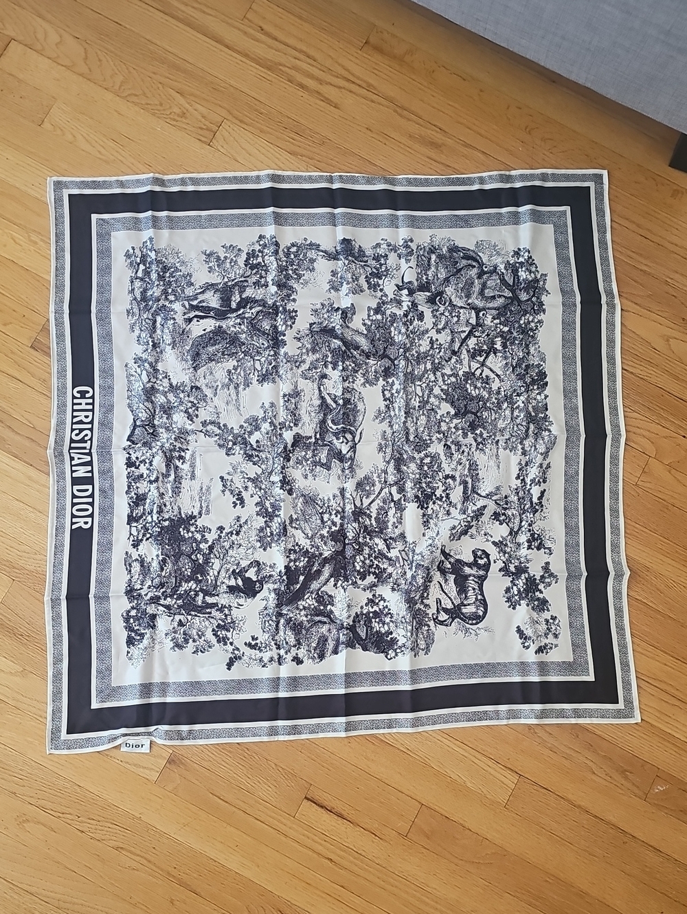 Large Toile Print Silk Scarf 34inx34in - Navy and White